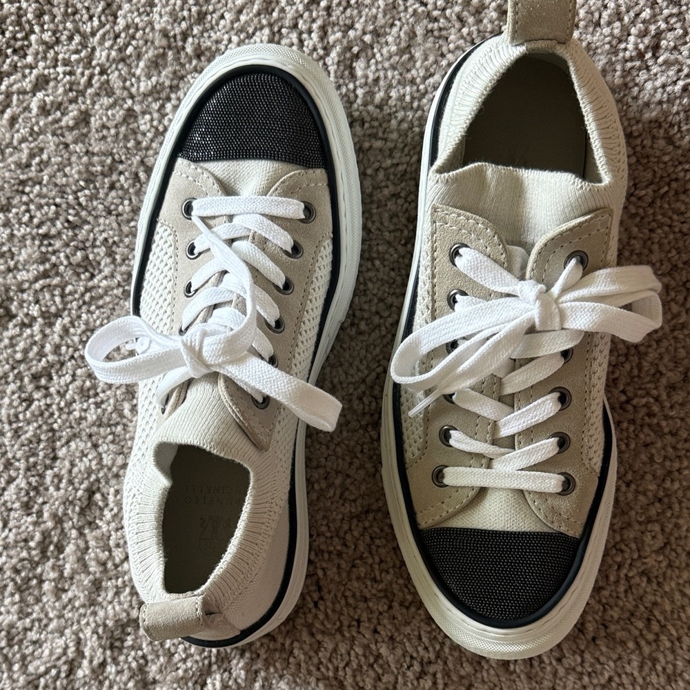 Brunello Cucinelli Cream Sneakers with Black Toe Caps - Picture 5 of 7